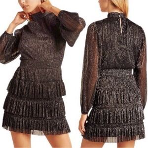 1 State Metallic Smocked Dress Mock Neck Tiered Ruffle Black Gold Size Large
